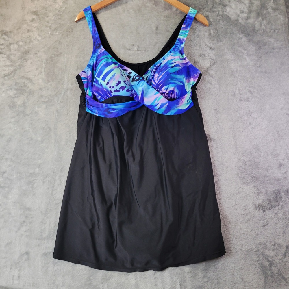 Delta Burke Plus Size 18W Swimdress Tropical Twist Front Black Blue Purple Swim